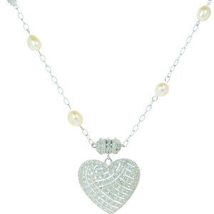 Joseph Esposito Solid 925 Sterling Silver Culture Pearl Heart CZ Necklace